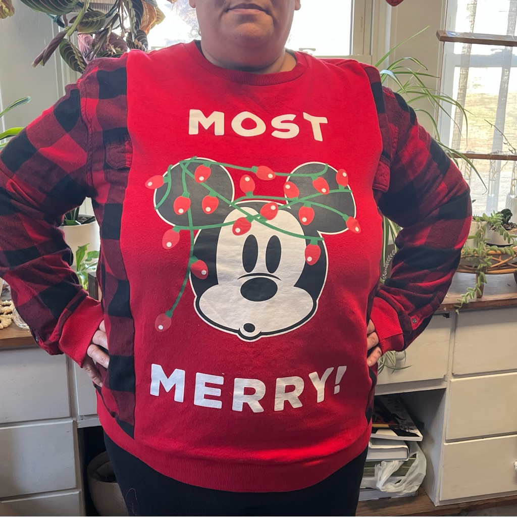 Upcycled Handmade Size 2xl Christmas Mickey Mouse Flannel Sweatshirt
